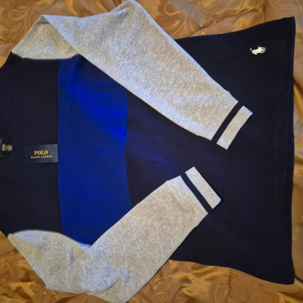 Polo by Ralph Lauren Blue and Navy Crewneck Top with Sporty Stripes😁